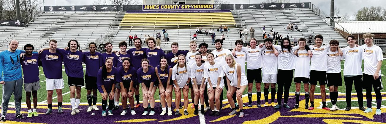 Players from the Young Guns and Old Folks pose after raising approximately $400 for Jones County’s soccer programs on Saturday. BRAD HARRISON/Staff